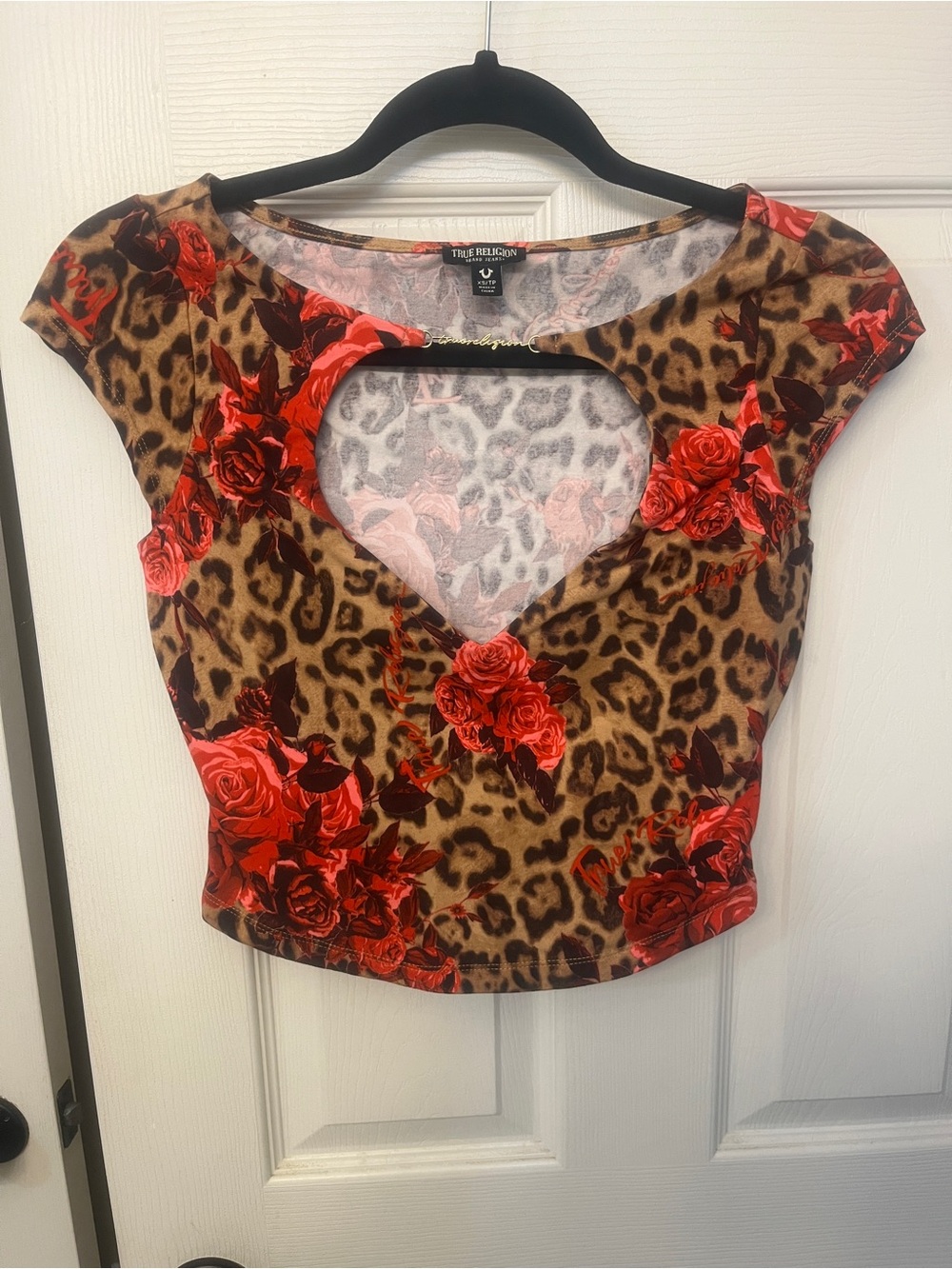 True Religion Red Rose Leopard Cutout Crop Top
